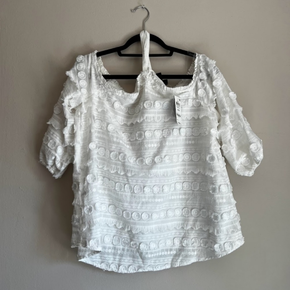 White lined bare shoulder shirt